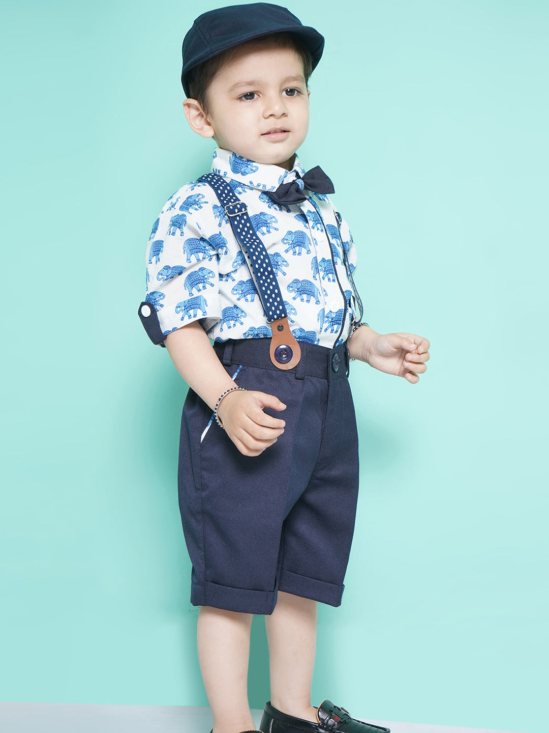 Boys Blue Cotton Blend Animal Print Collar Neck Kids Clothing Set