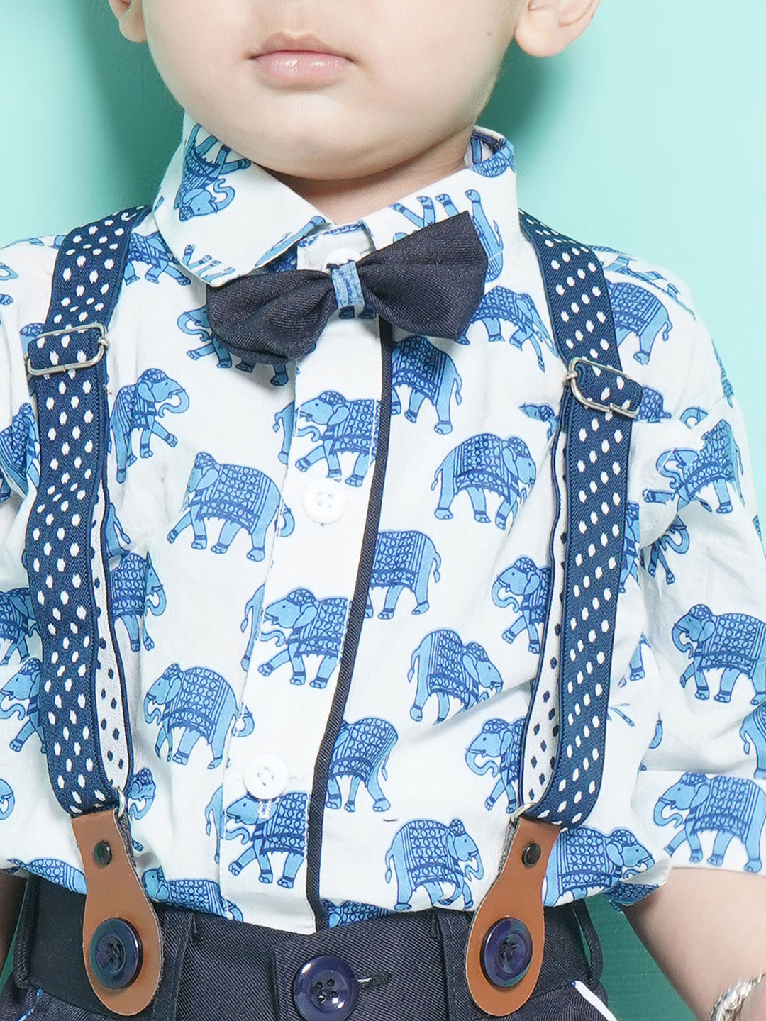 Boys Blue Animal Print Cotton Blend Shirt with Bow , Cap & Suspender - AJ Dezines