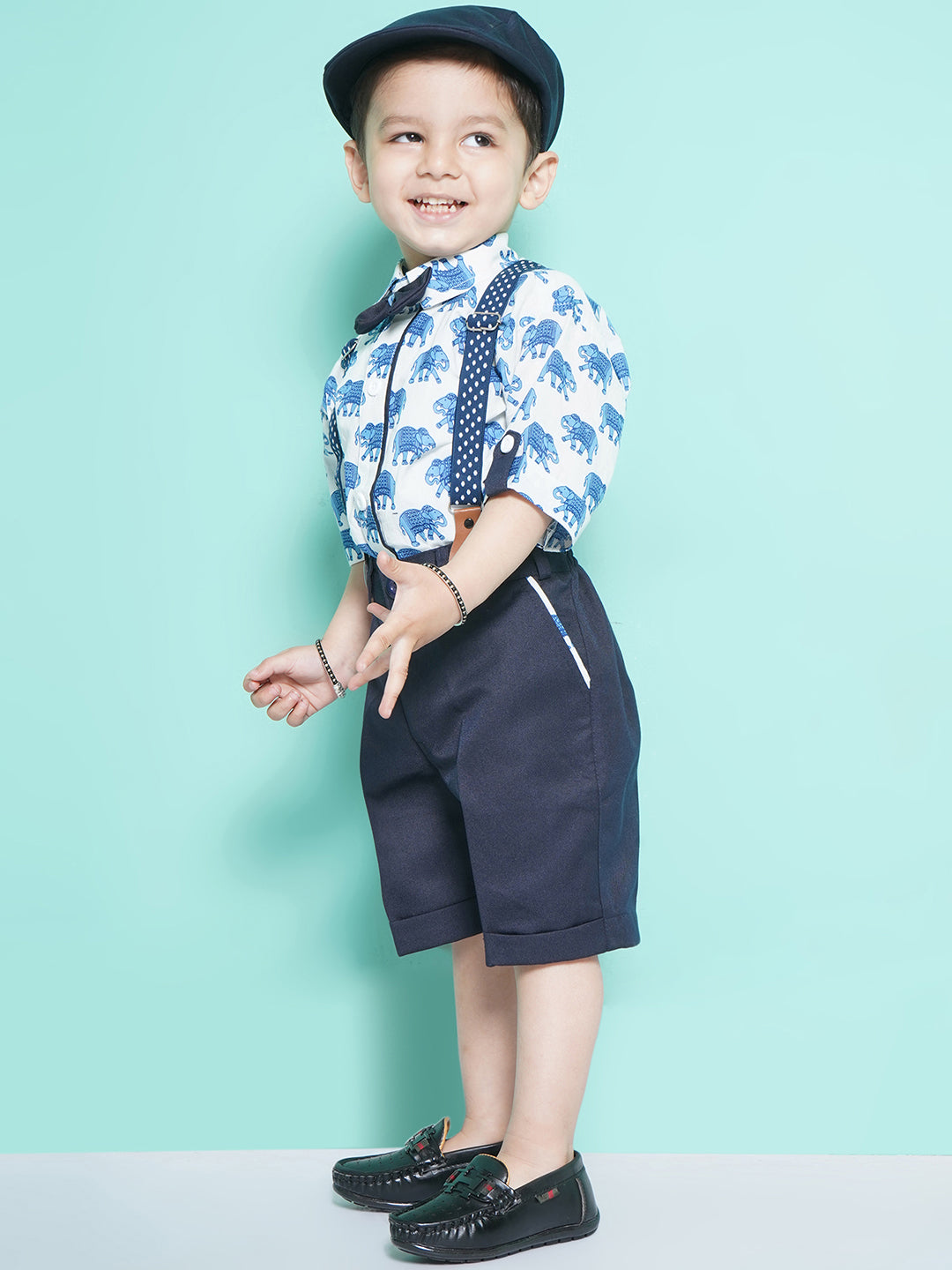 Boys Blue Cotton Blend Animal Print Collar Neck Kids Clothing Set