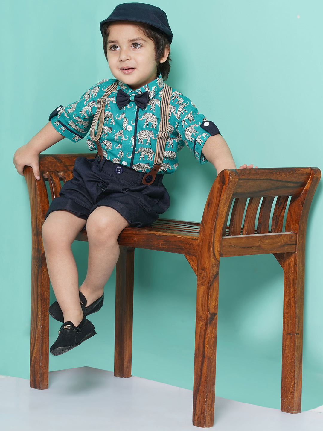 Boys Sea Green Cotton Blend Animal Print Collar Neck Kids Clothing Set