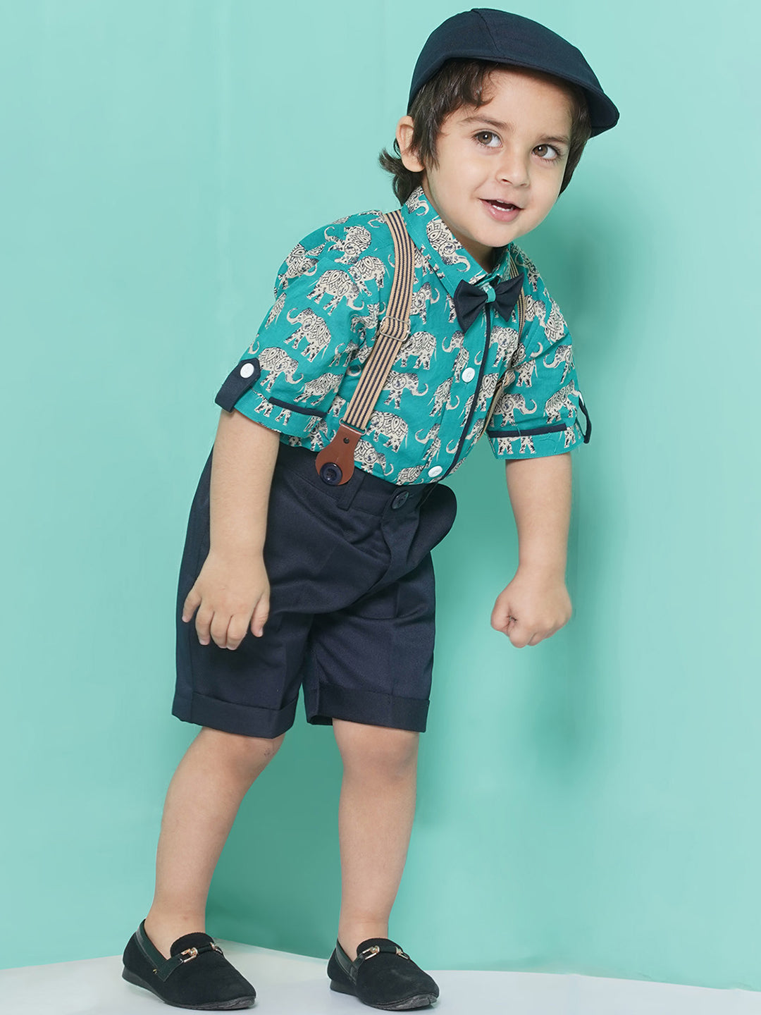 Kids Boys Firozi Animal Print Cotton Blend T-shirt with Cap , Bow & Suspender