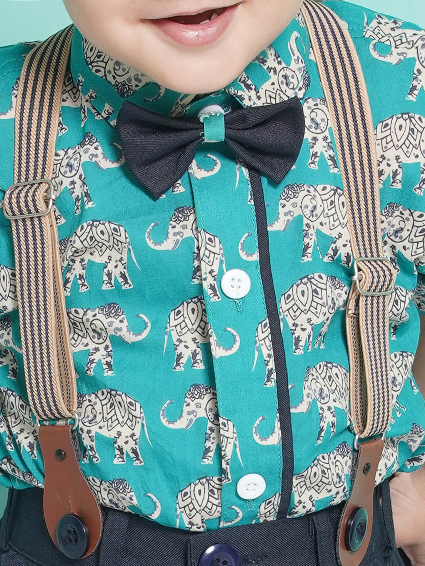 Boys Sea Green Cotton Blend Animal Print Collar Neck Kids Clothing Set