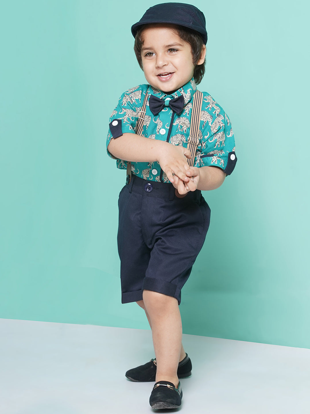 Kids Boys Firozi Animal Print Cotton Blend T-shirt with Cap , Bow & Suspender