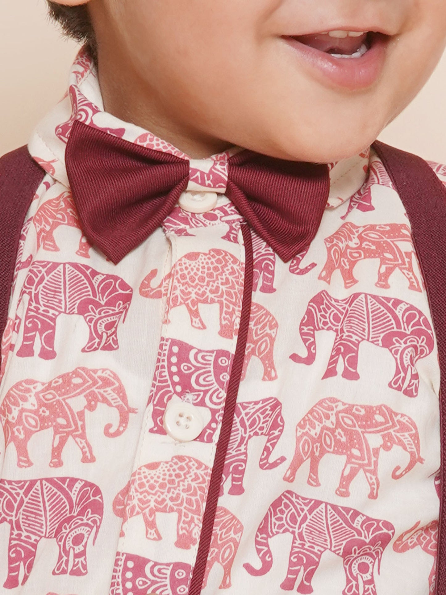 Boys Maroon Cotton Blend Animal Print Collar Neck Kids Clothing Set