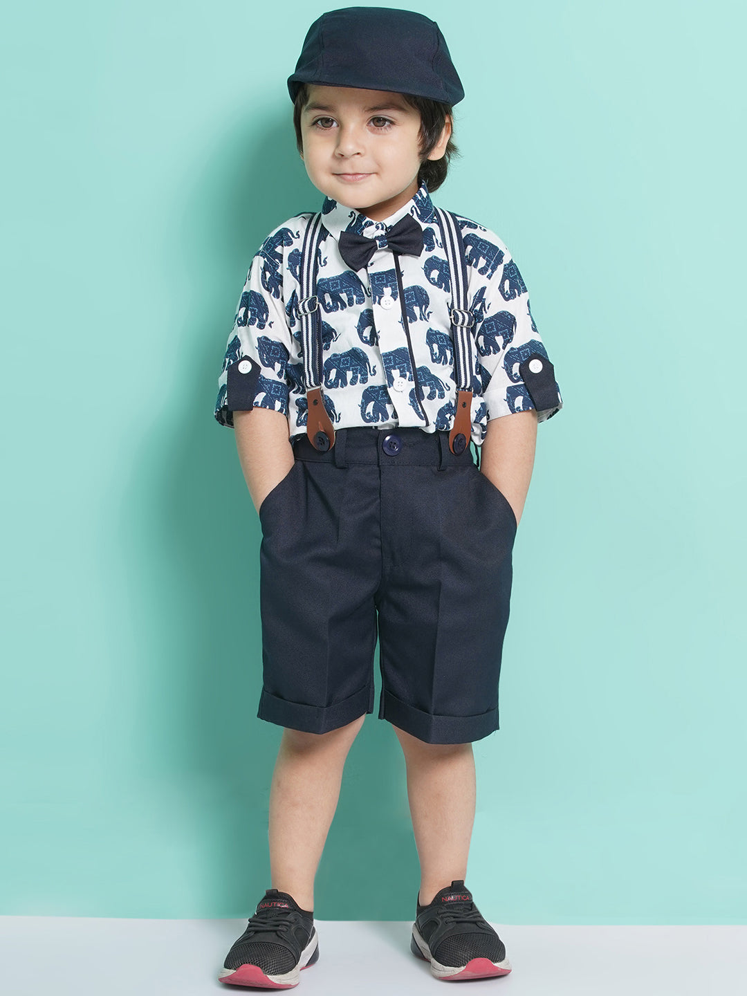 Boys Navy Blue Animal Print Cotton Blend T-shirt with Cap, Bow & Suspender