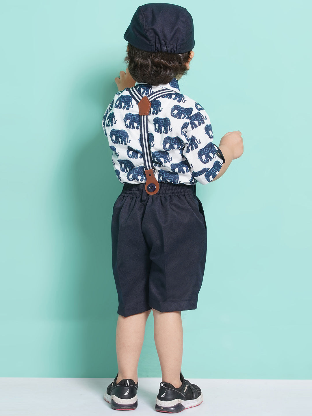 Boys Navy Blue Animal Print Cotton Blend T-shirt with Cap, Bow & Suspender