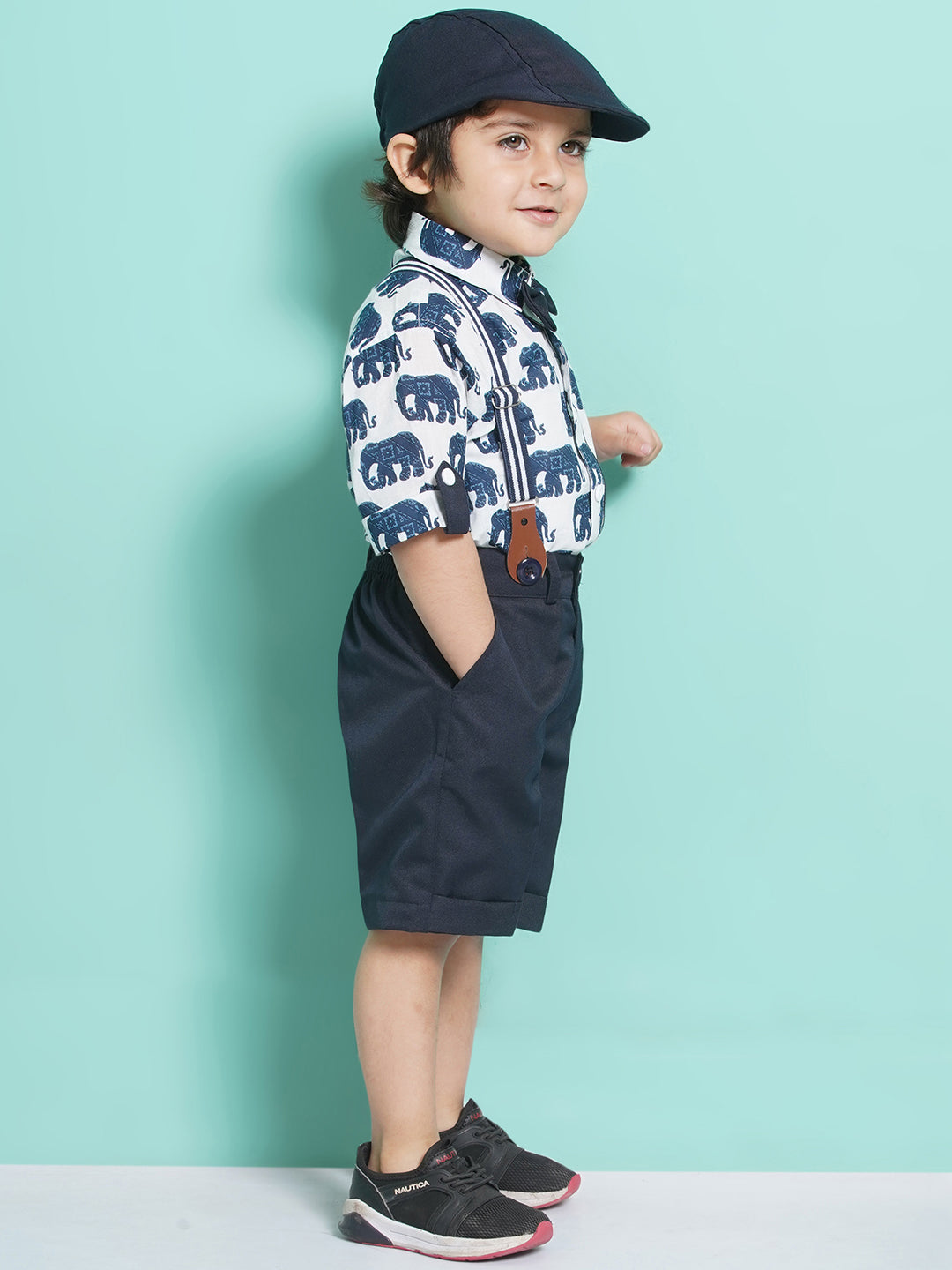 Boys Navy Blue Animal Print Cotton Blend T-shirt with Cap, Bow & Suspender