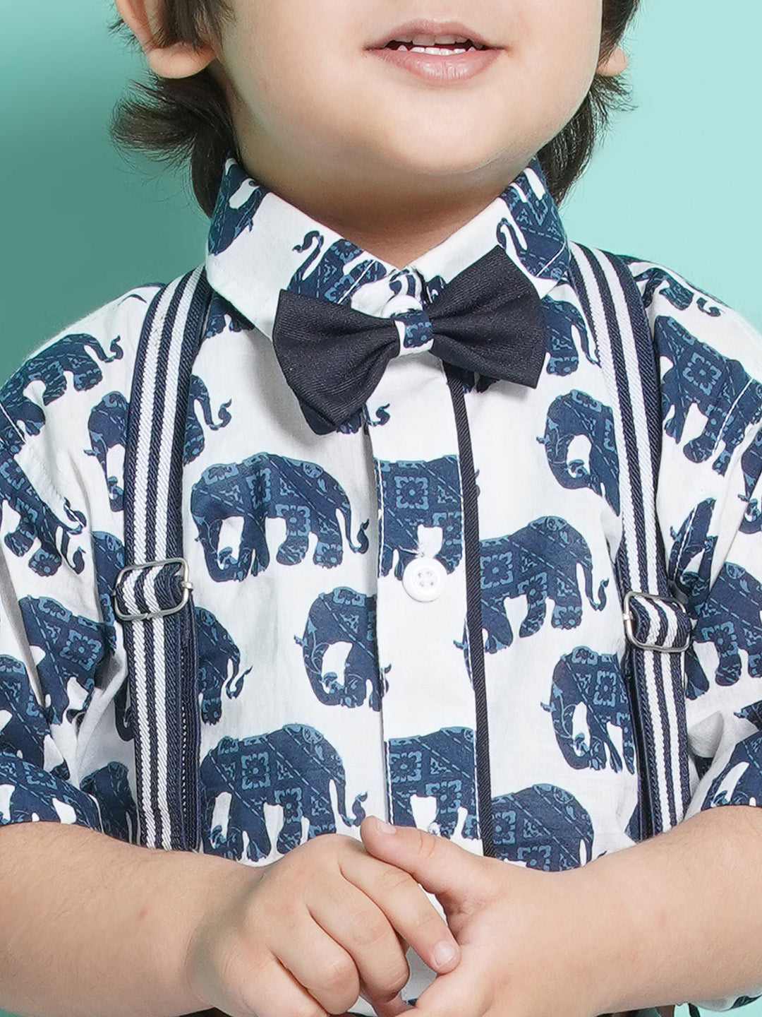 Boys Navy Blue Animal Print Cotton Blend T-shirt with Cap, Bow & Suspender