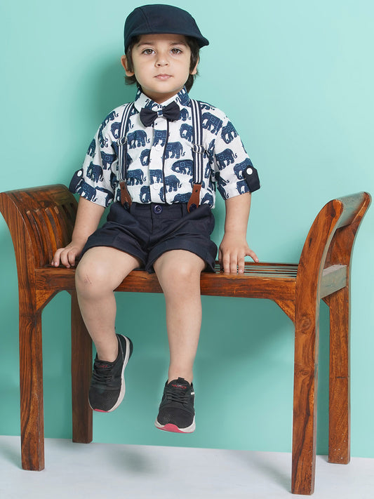 Boys Dark Blue Cotton Blend Animal Print Collar Neck Kids Clothing Set