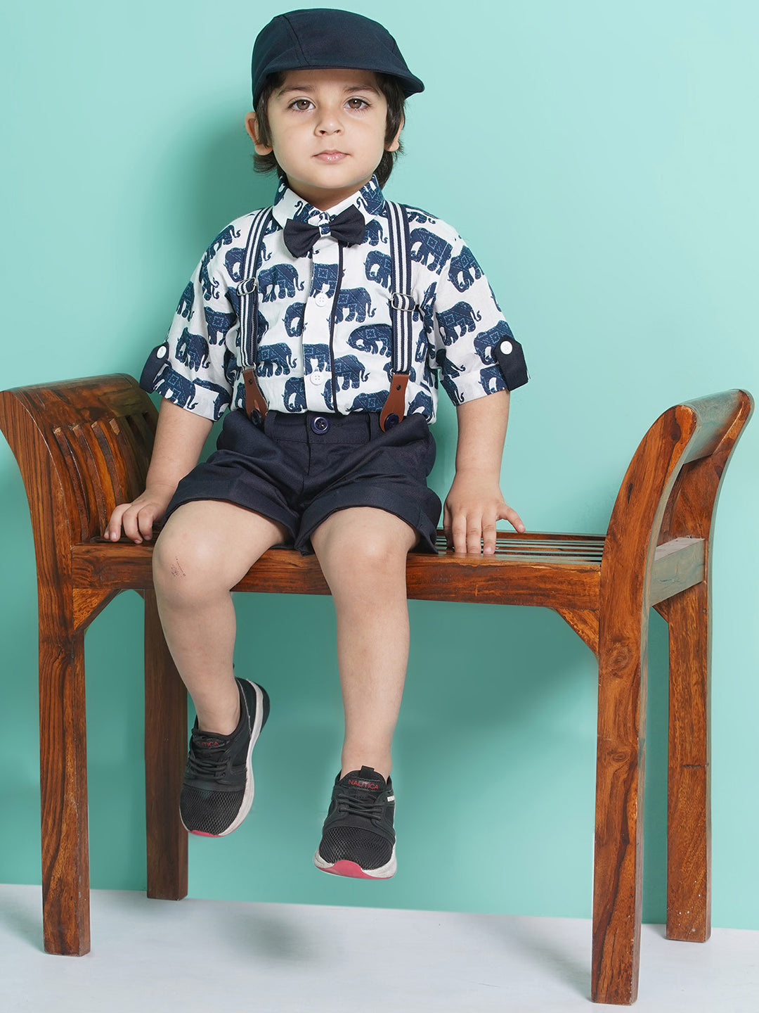 Boys Navy Blue Animal Print Cotton Blend T-shirt with Cap, Bow & Suspender