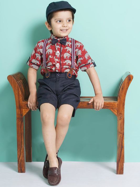 Boys Red Cotton Blend Animal Print Collar Neck Kids Clothing Set