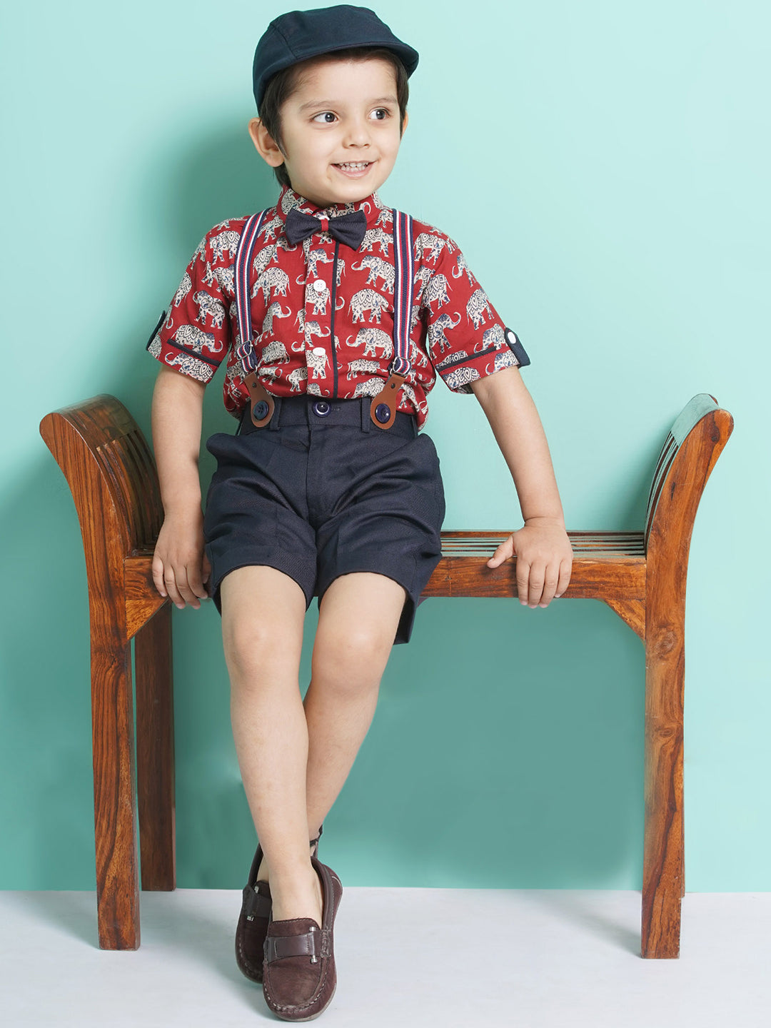 Boys Red Animal Print Cotton Blend Tshirt with Cap, Bow & Suspender
