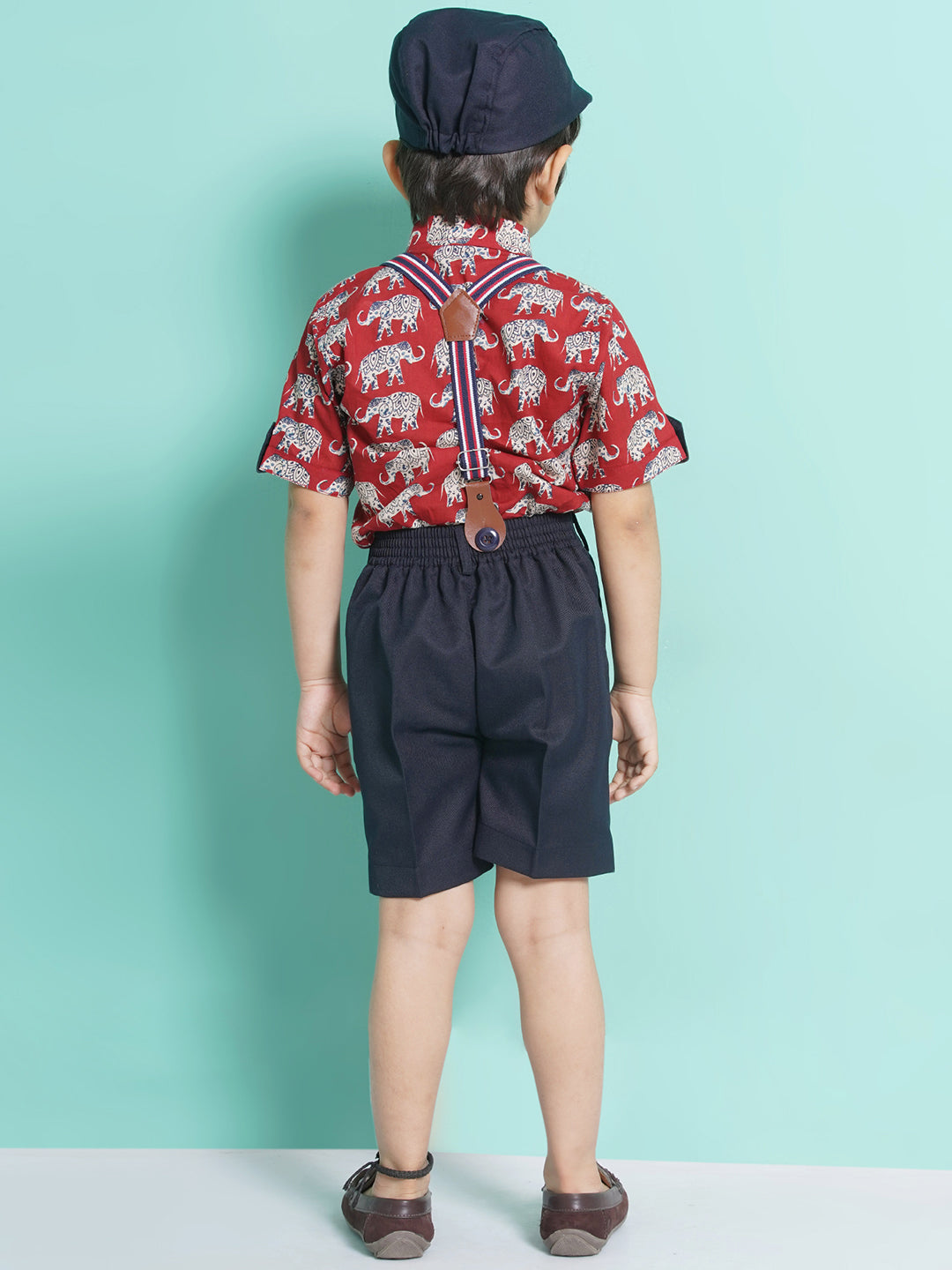 Boys Red Animal Print Cotton Blend Tshirt with Cap, Bow & Suspender