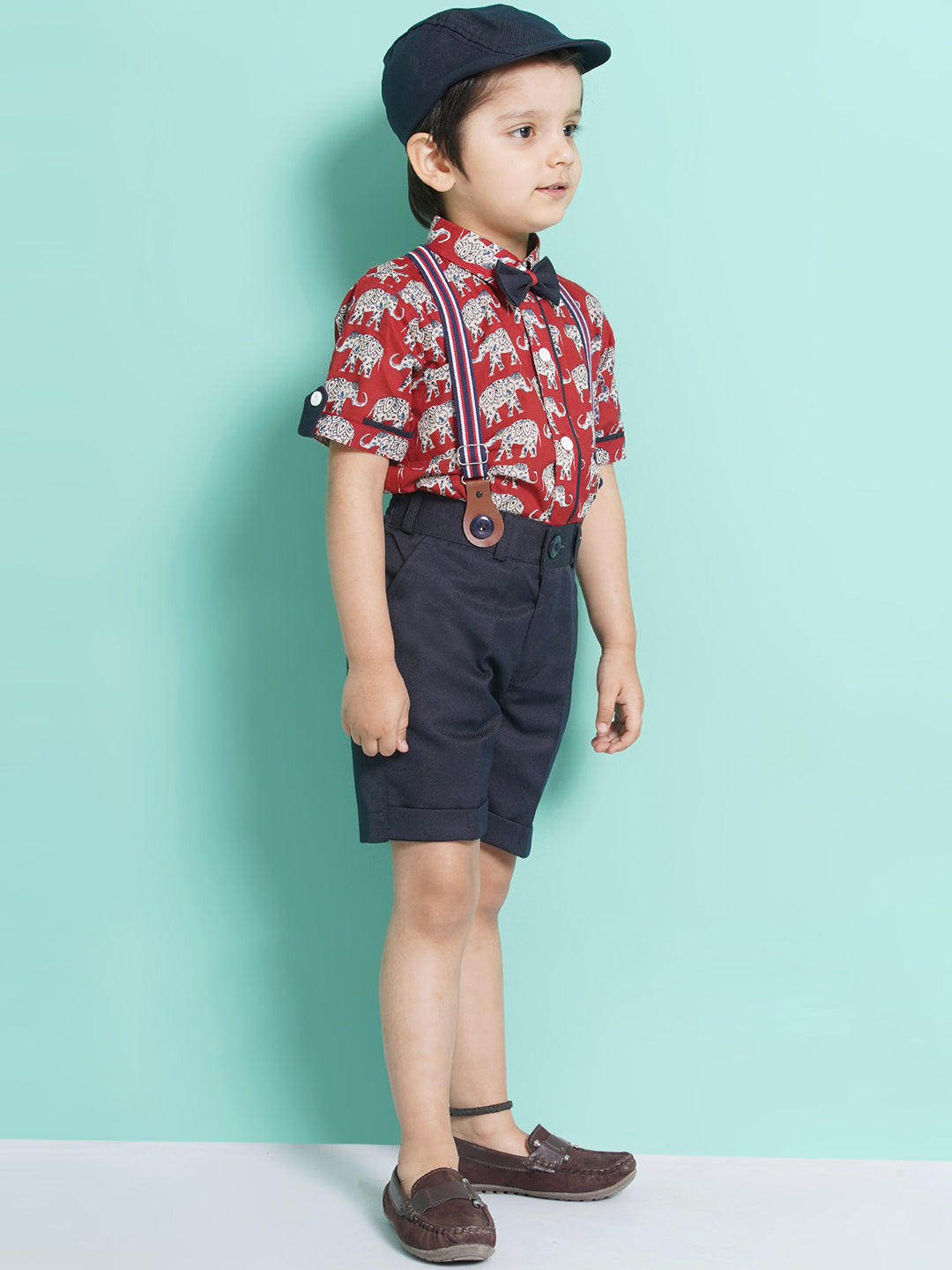 Boys Red Animal Print Cotton Blend Tshirt with Cap, Bow & Suspender
