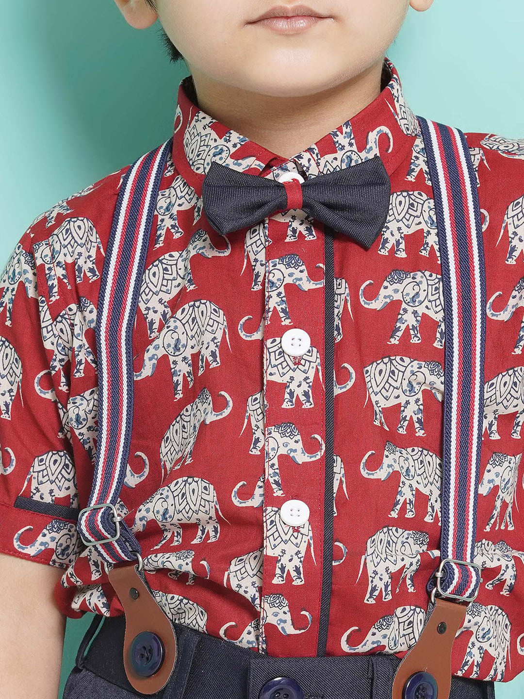 Boys Red Animal Print Cotton Blend Tshirt with Cap, Bow & Suspender
