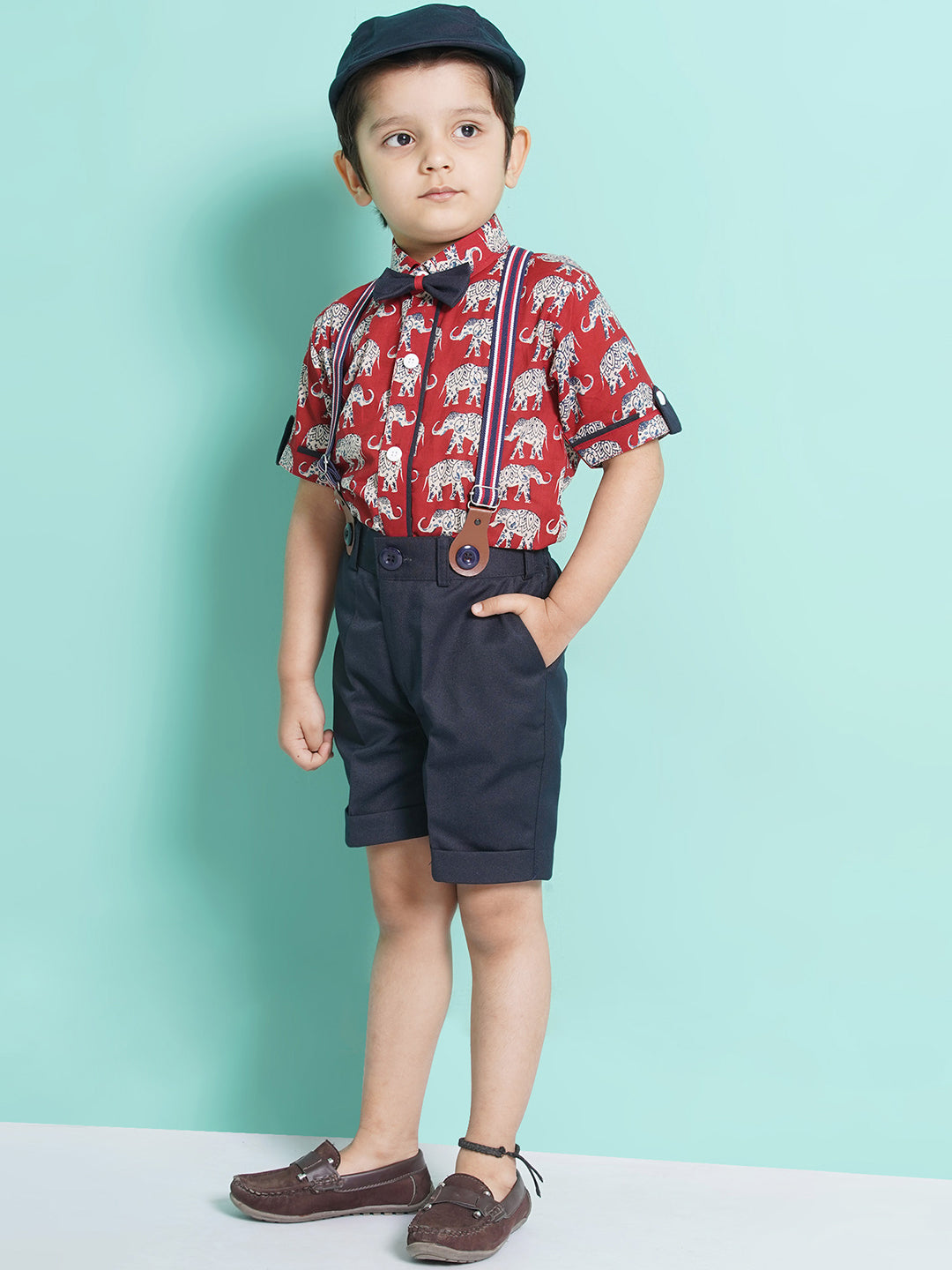 Boys Red Cotton Blend Animal Print Collar Neck Kids Clothing Set