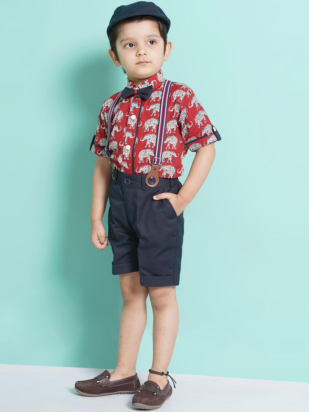 Boys Red Animal Print Cotton Blend Tshirt with Cap, Bow & Suspender