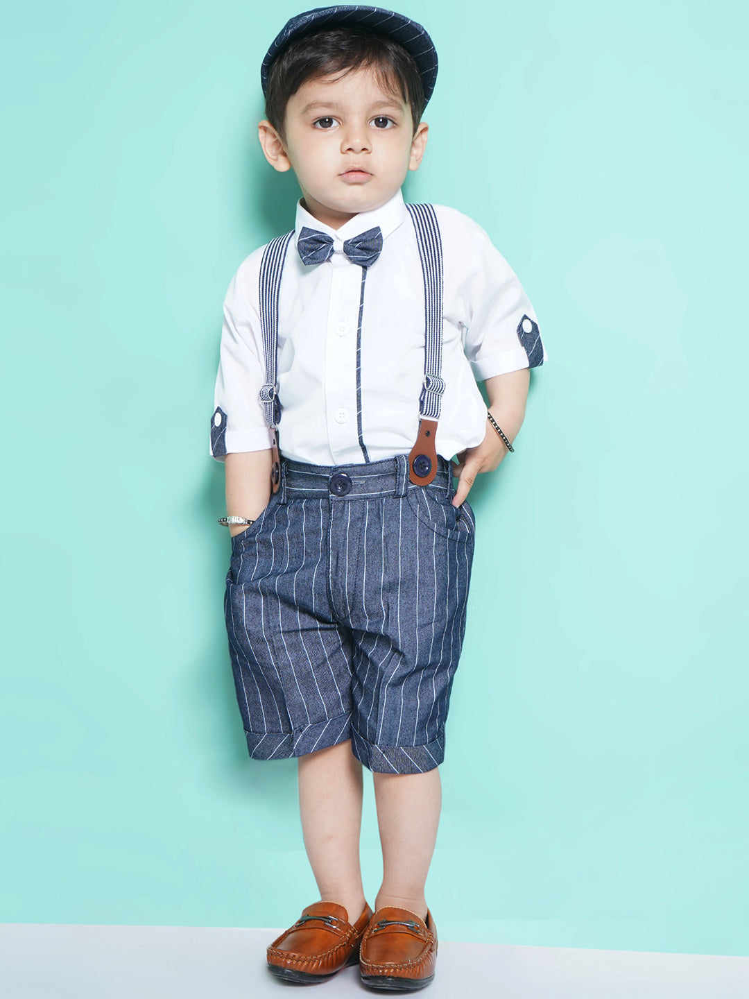 Boys Blue Cotton Blend Stripes Collar Neck Kids Clothing Set