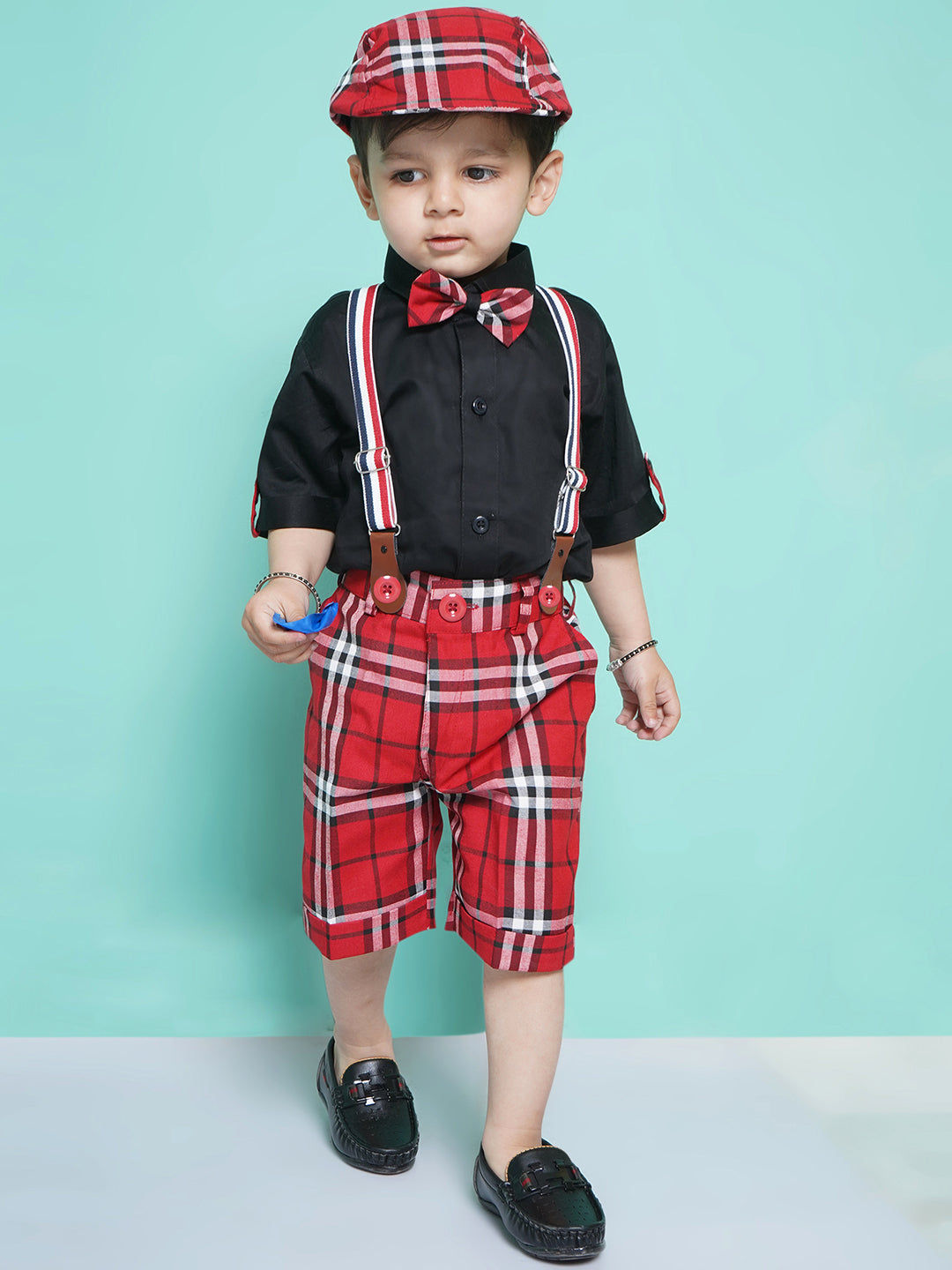 Boys Black Cotton Blend Checkered Collar Neck Kids Clothing Set