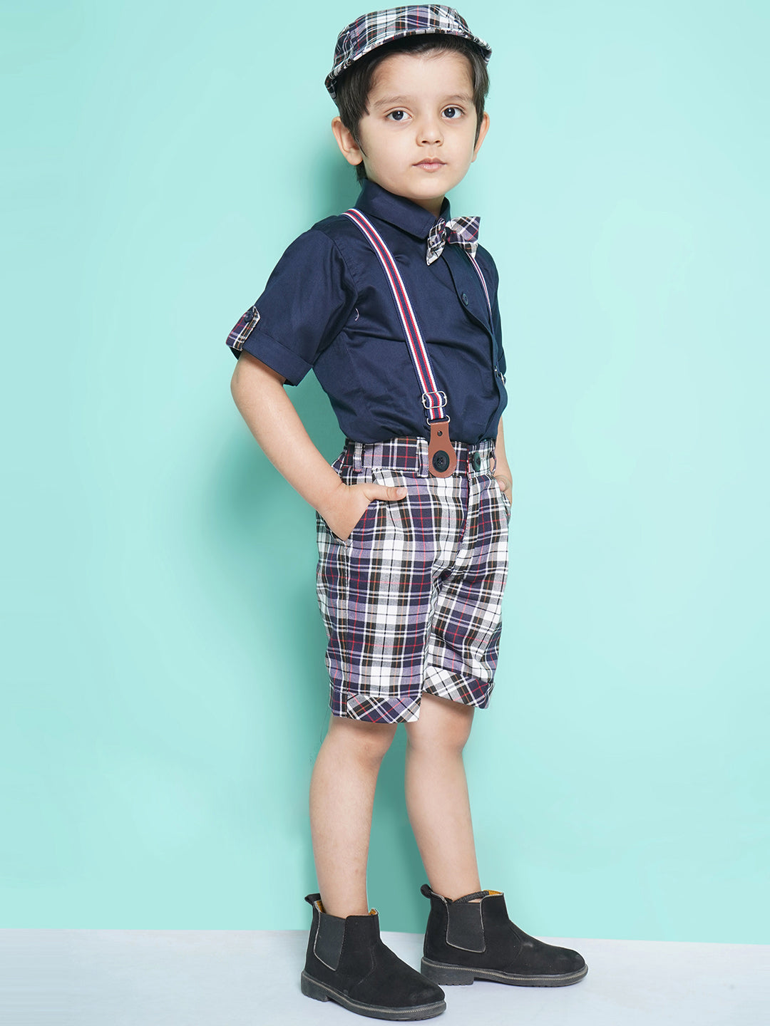 Kids Boys Navy Blue Solid Cotton Blend Dungaree - AJ Dezines