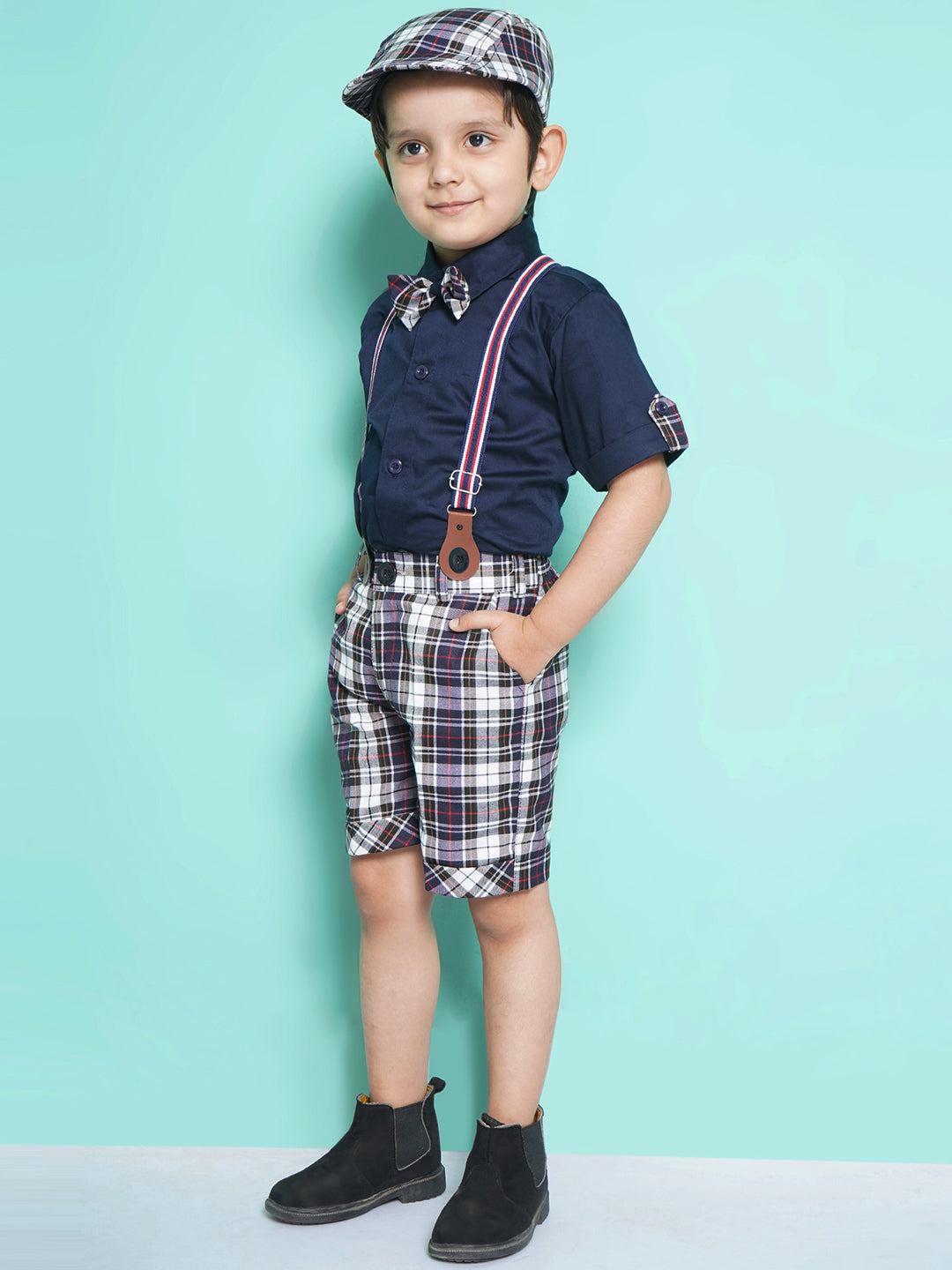 Kids Boys Navy Blue Solid Cotton Blend Dungaree - AJ Dezines