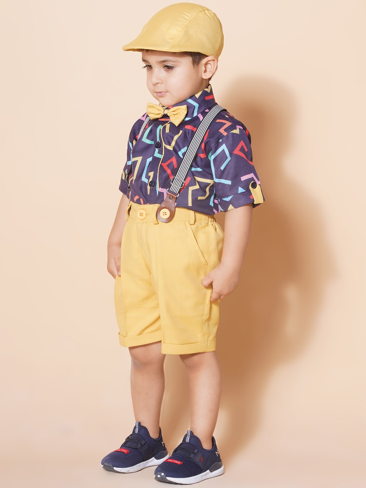 Boys Yellow Cotton Printed Shirt Shorts With Cap and Suspender Set