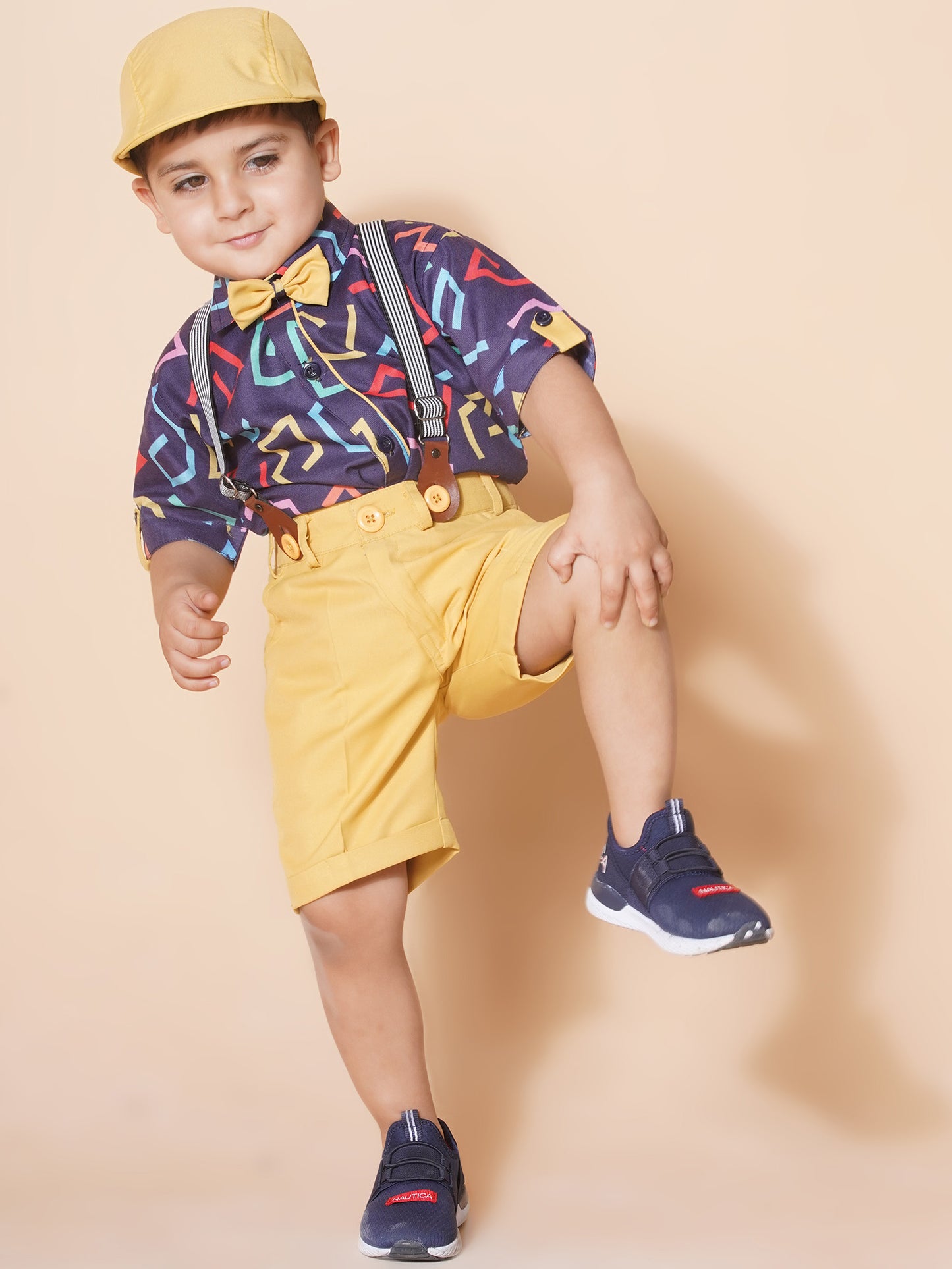 Boys Yellow Cotton Printed Shirt Shorts With Cap and Suspender Set
