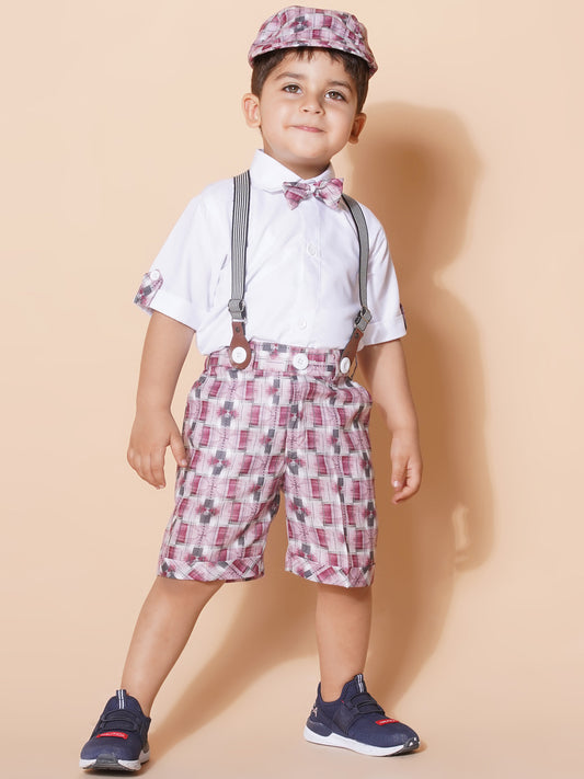 Boys Kids Pink Cotton Check Printed Shirt Shorts With Cap and Suspender Set