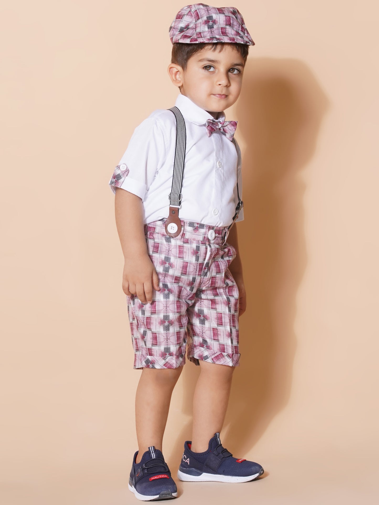 Boys Kids Pink Cotton Check Printed Shirt Shorts With Cap and Suspender Set