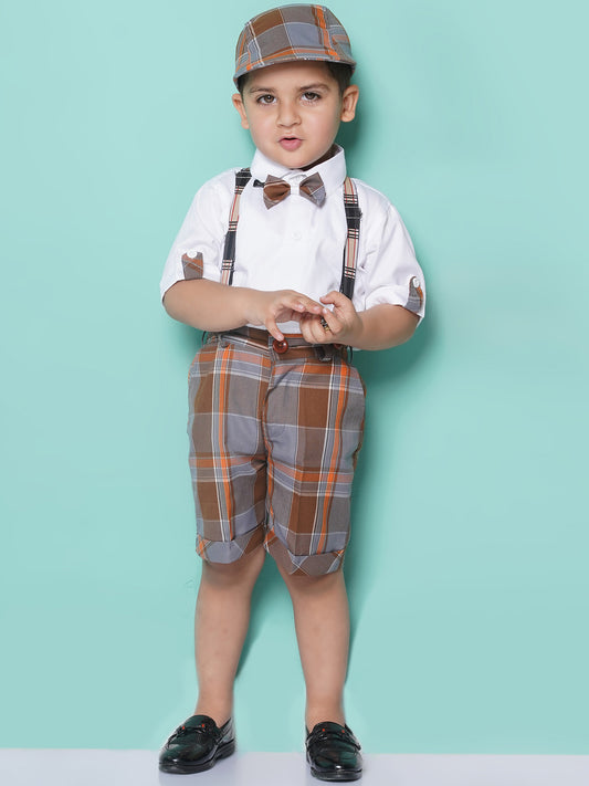 Boys Kids Brown Cotton Check Printed Shirt Shorts With Cap and Suspender Set