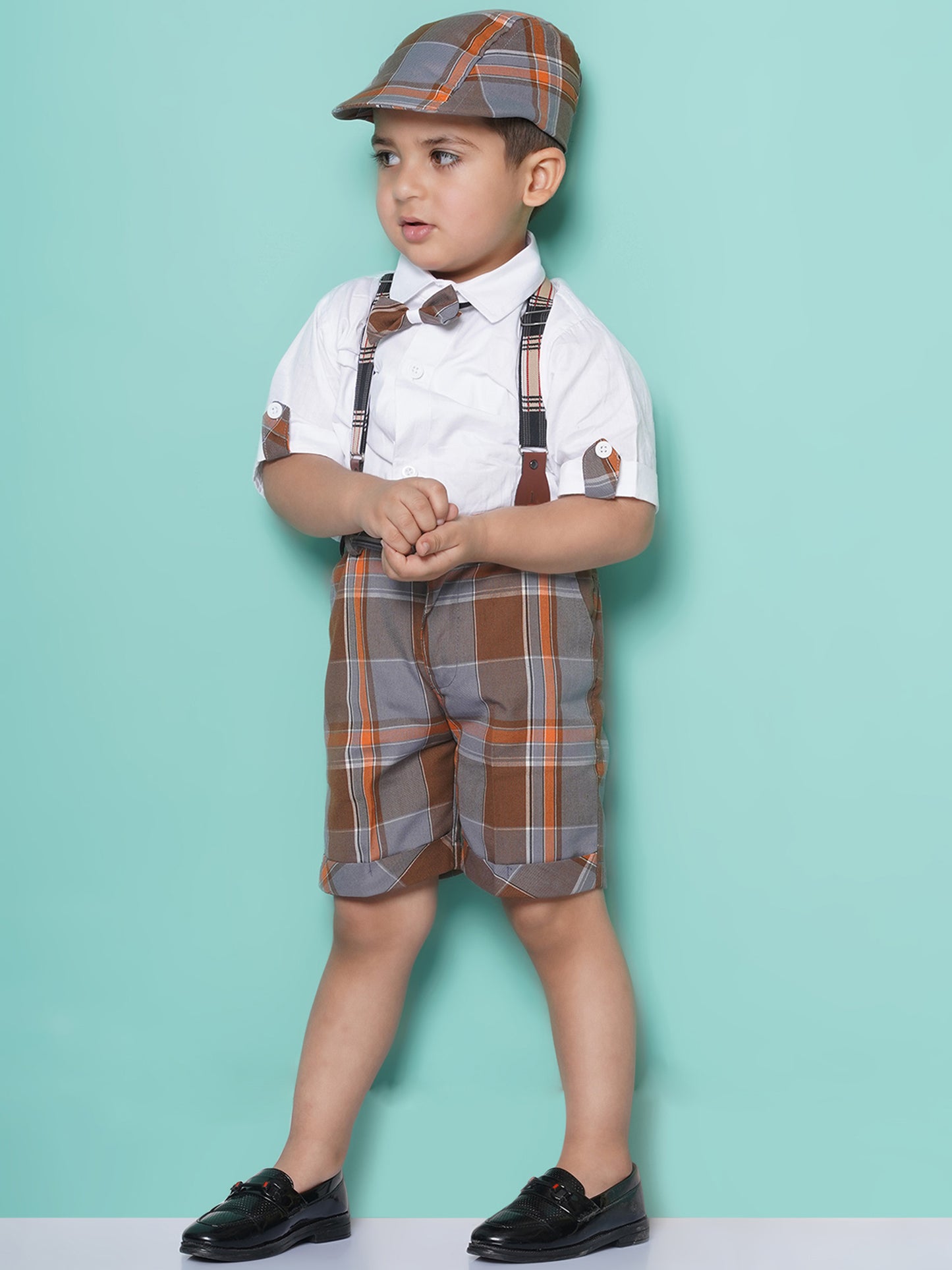 Boys Kids Brown Cotton Check Printed Shirt Shorts With Cap and Suspender Set