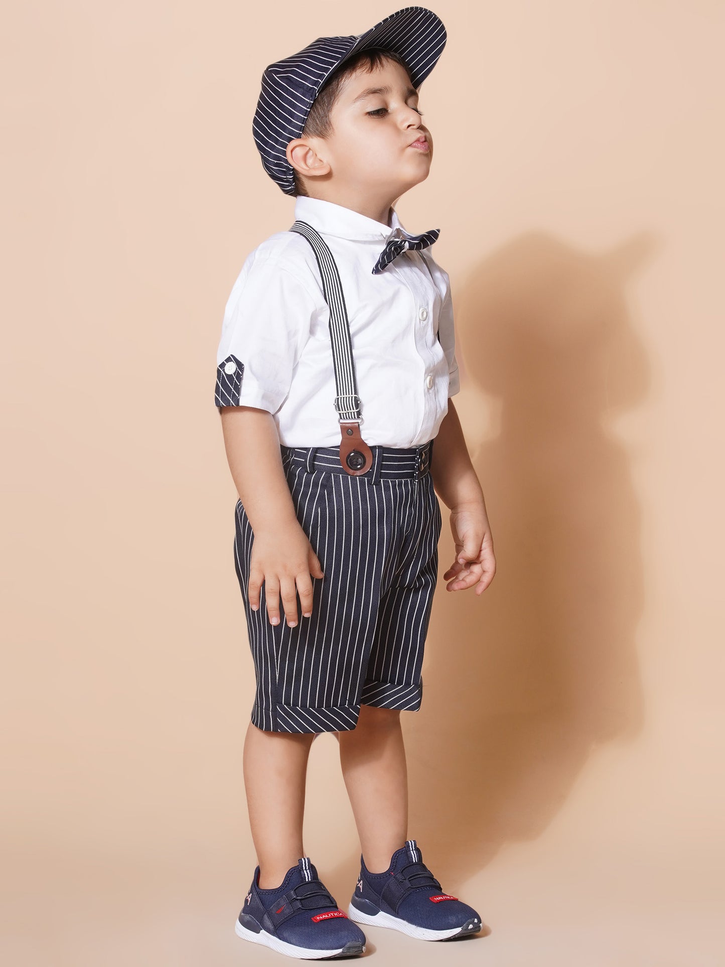 Boys Kids Black Cotton Strip Printed Shirt Shorts With Cap and Suspender Set
