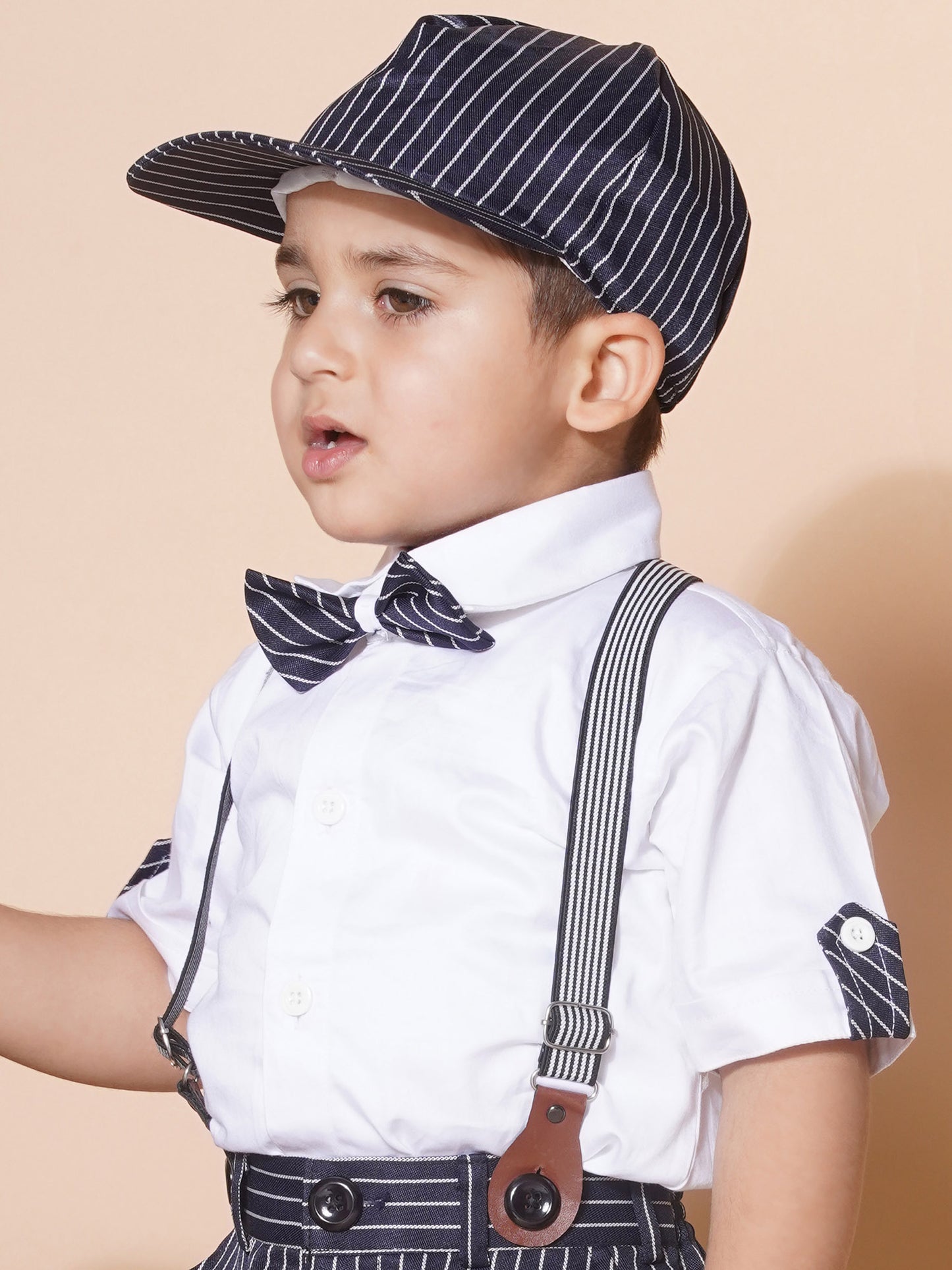 Boys Kids Black Cotton Strip Printed Shirt Shorts With Cap and Suspender Set