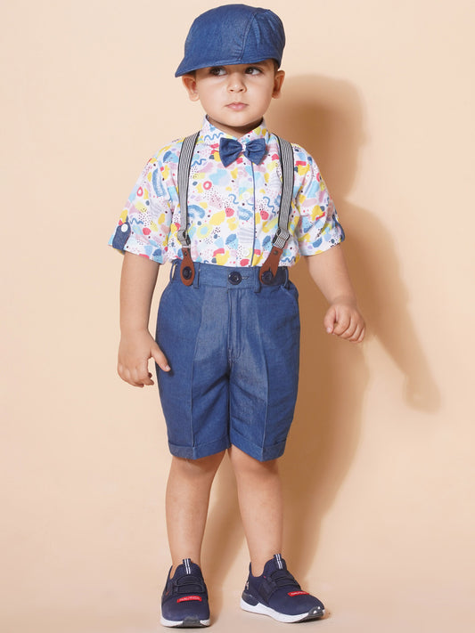 Boys Kids Blue Cotton Printed Shirt Shorts With Cap and Suspender Set