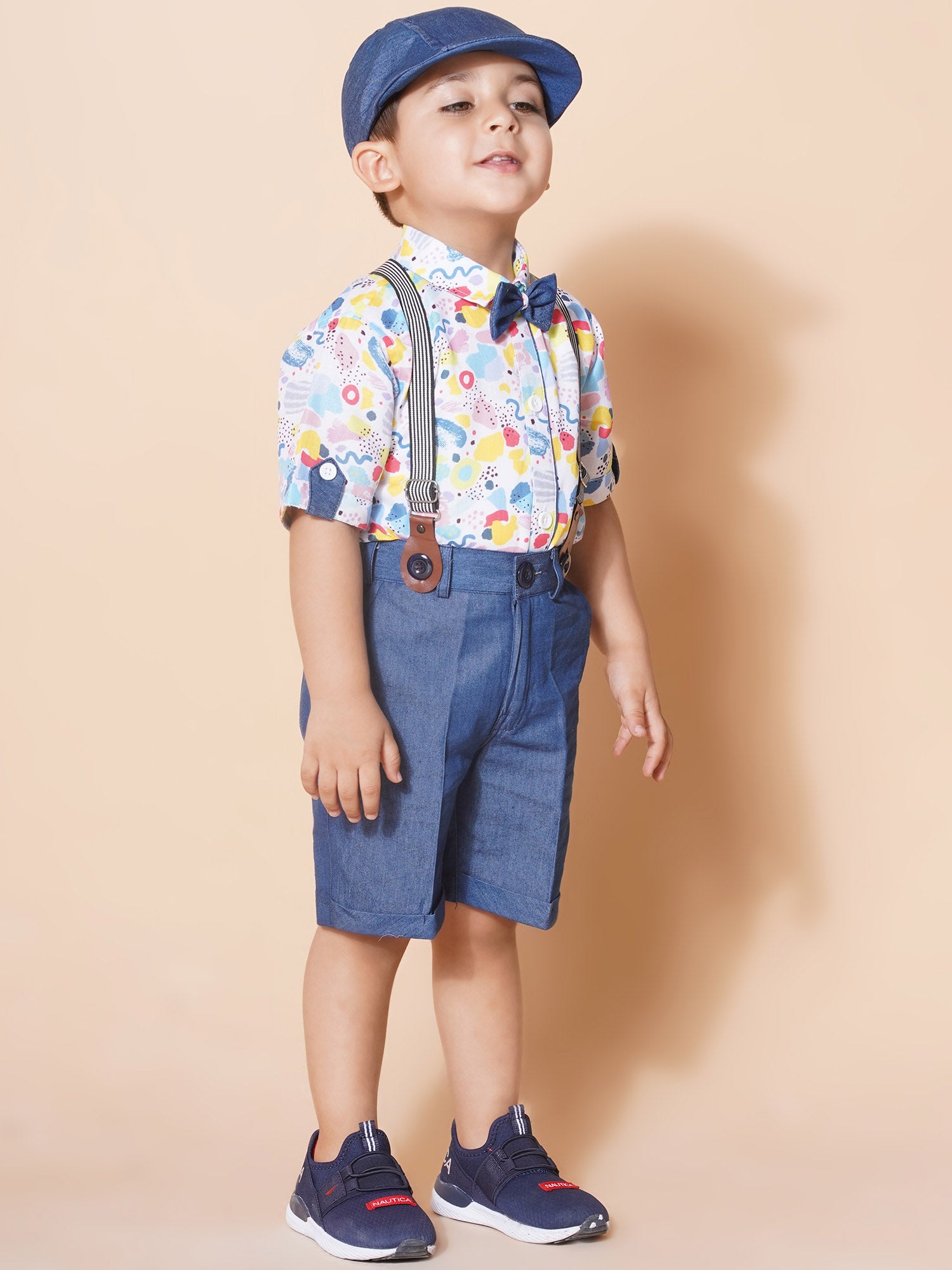 Kids Boys Blue Block Print Pure Cotton Dungaree