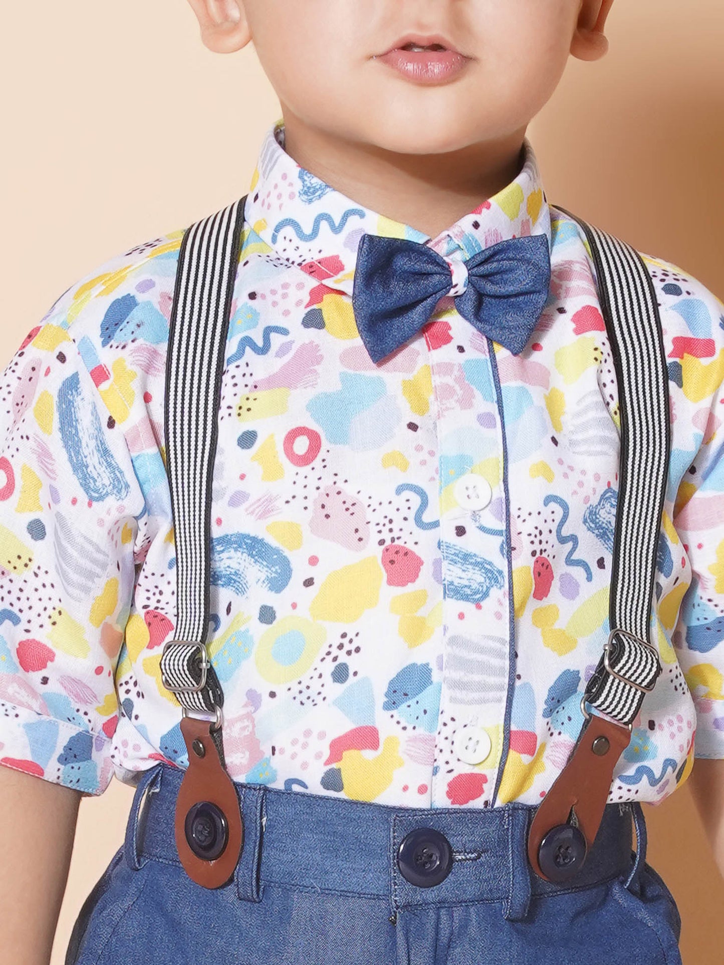 Boys Kids Blue Cotton Printed Shirt Shorts With Cap and Suspender Set
