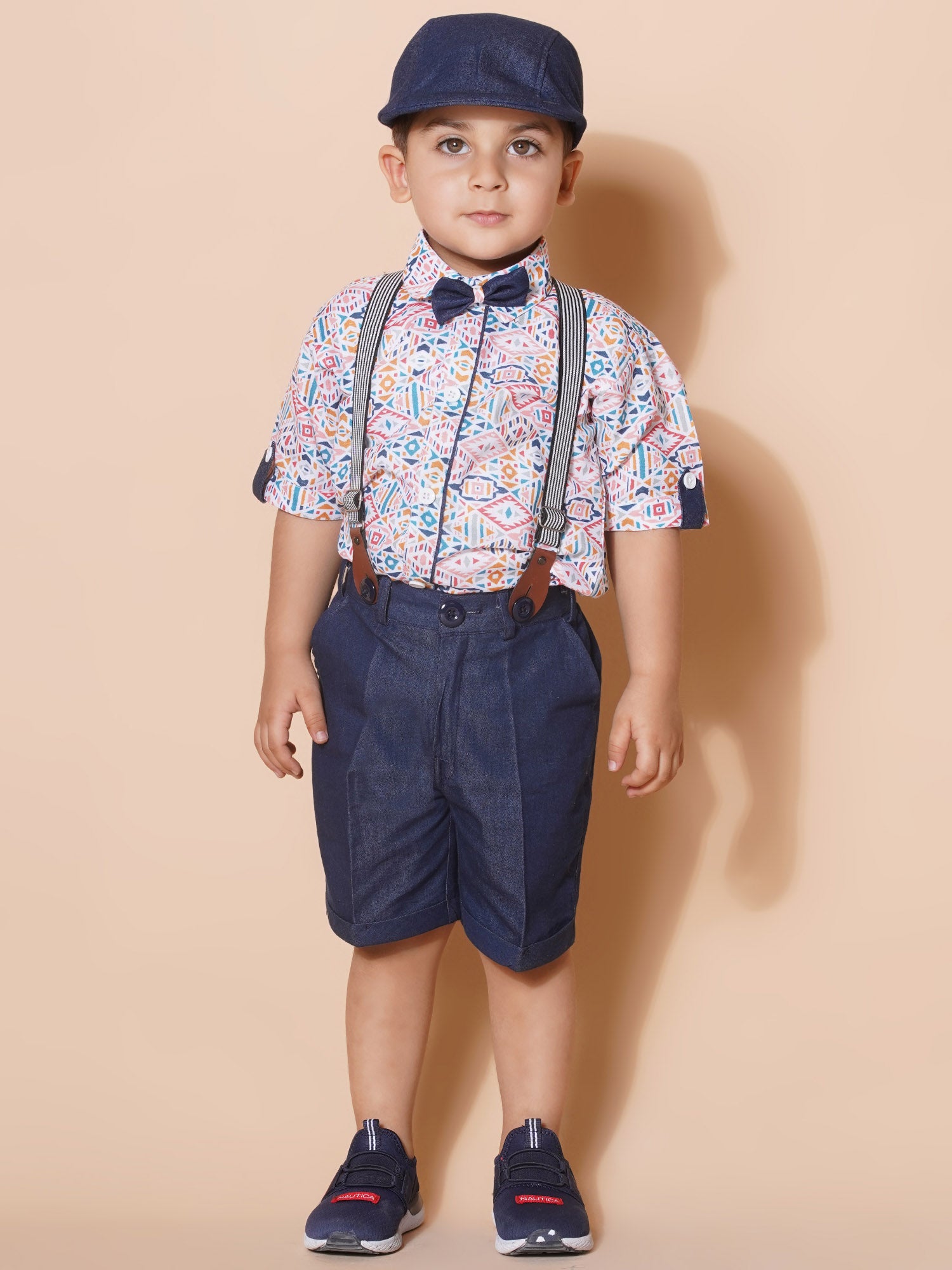 Kids Boys Pink Block Print Pure Cotton Dungaree