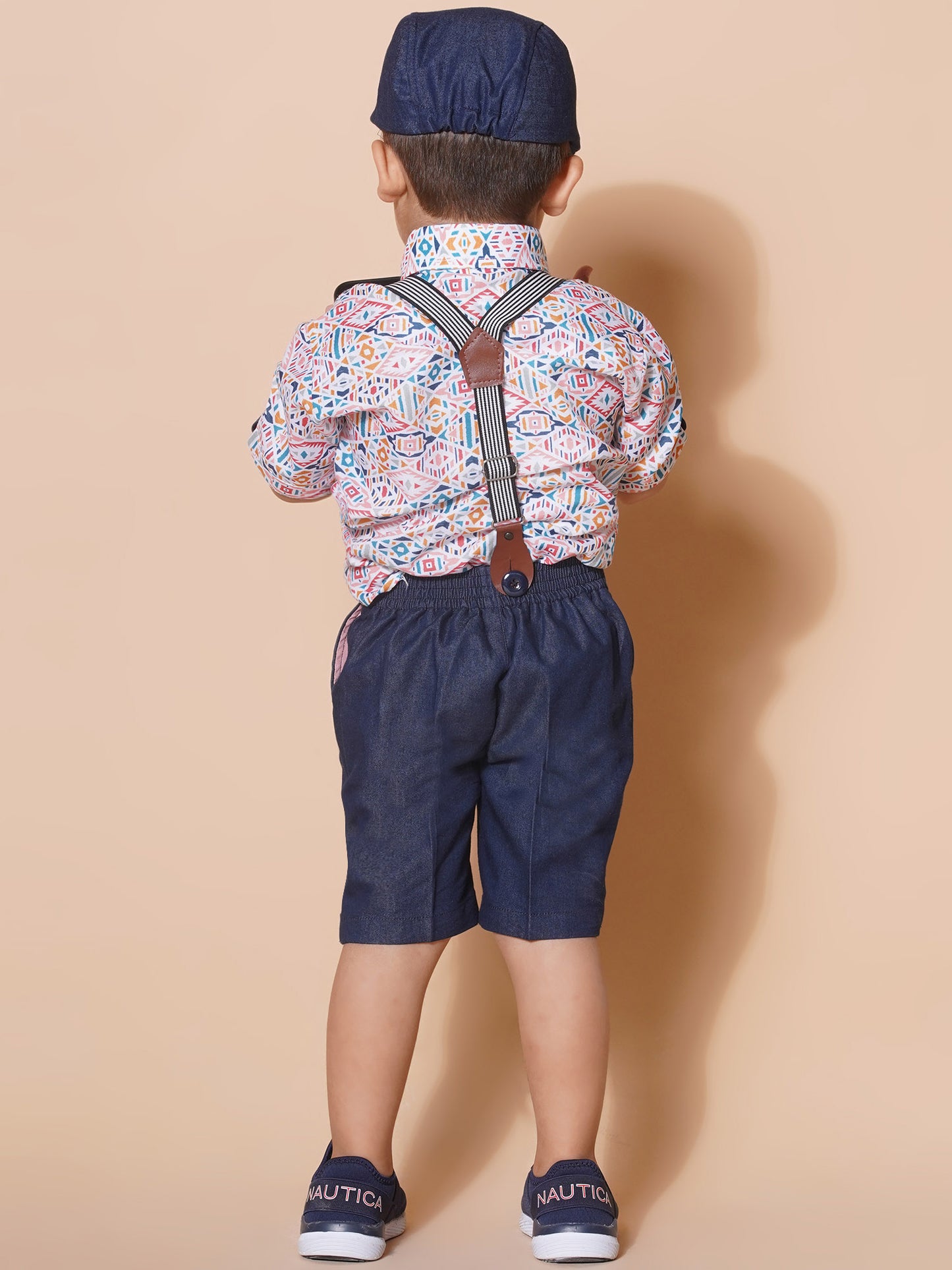 Boys Kids Pink Cotton Printed Shirt Shorts With Cap and Suspender Set