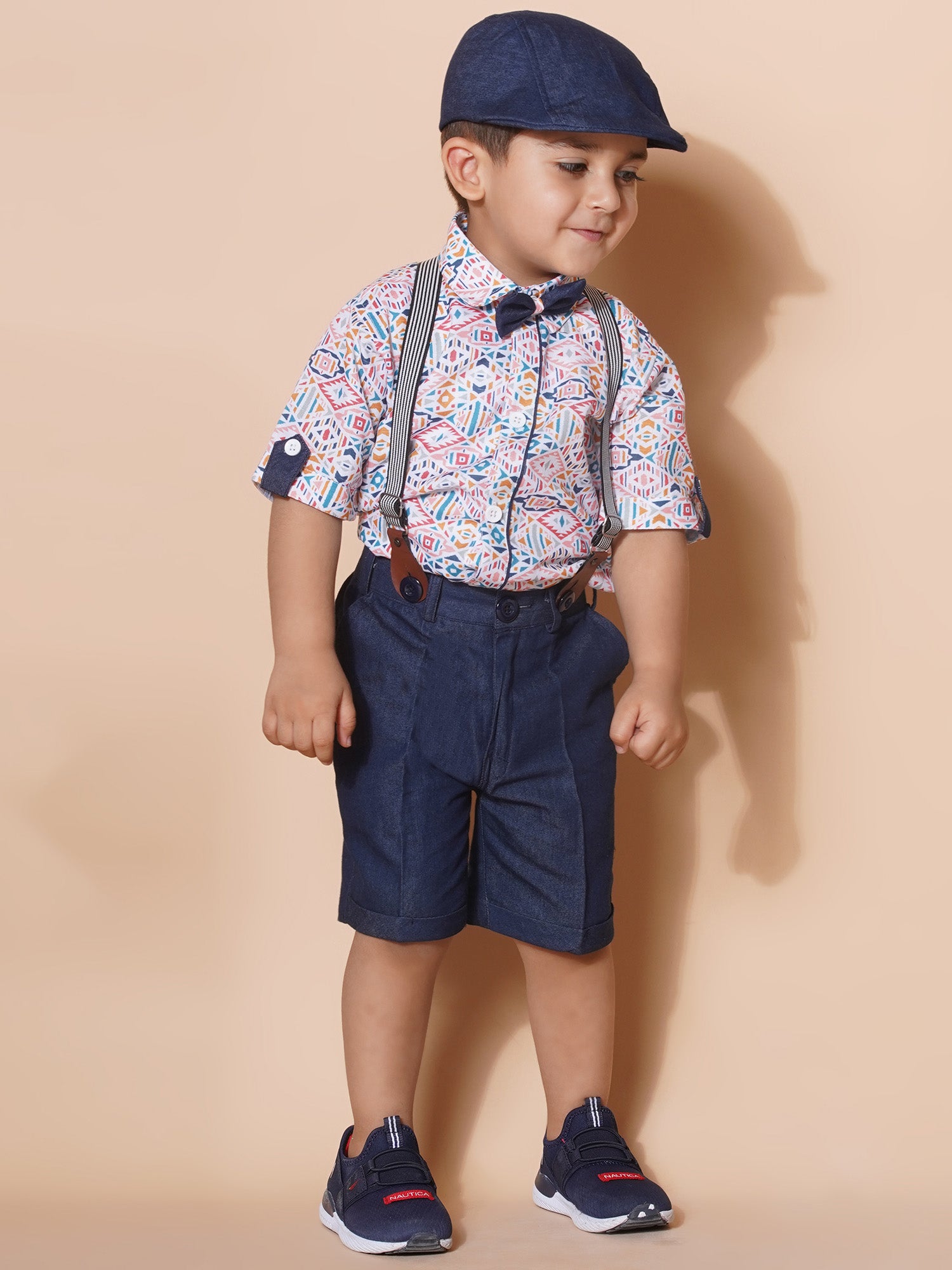 Kids Boys Pink Block Print Pure Cotton Dungaree