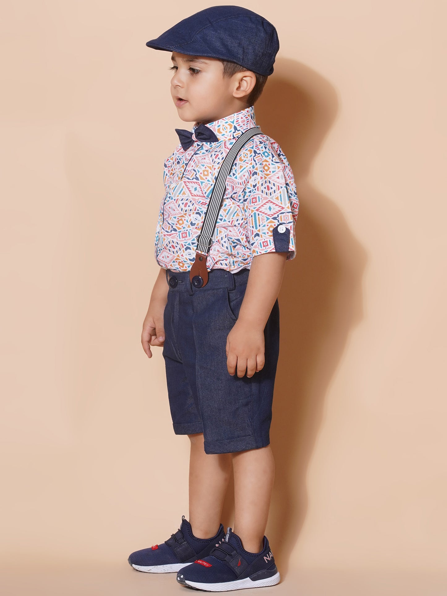Boys Kids Pink Cotton Printed Shirt Shorts With Cap and Suspender Set