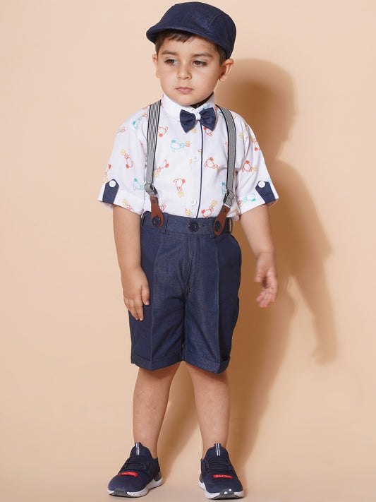 Boys Kids White Cotton Printed Shirt Shorts With Cap and Suspender Set