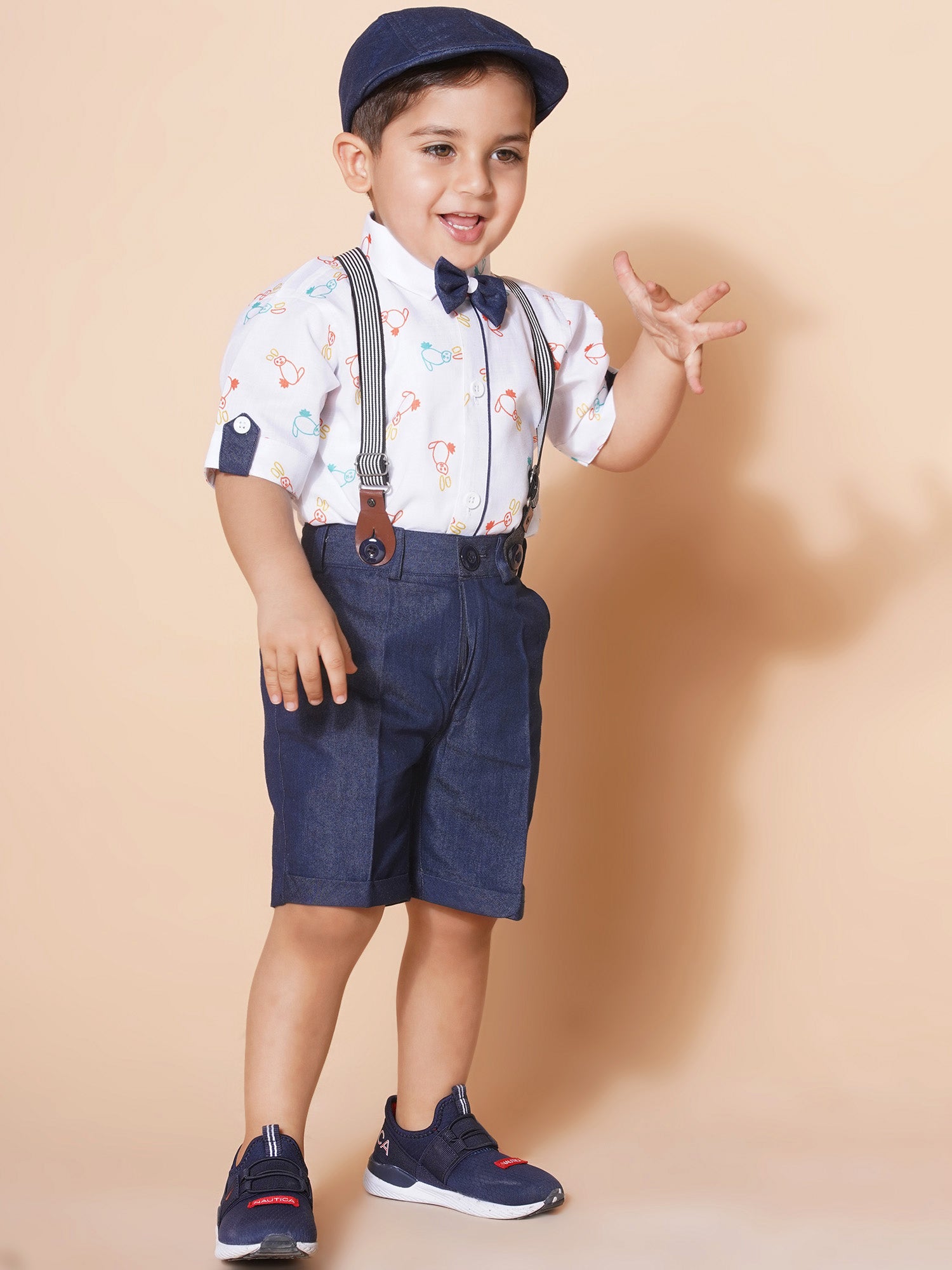 Kids Boys White Block Print Pure Cotton Dungaree