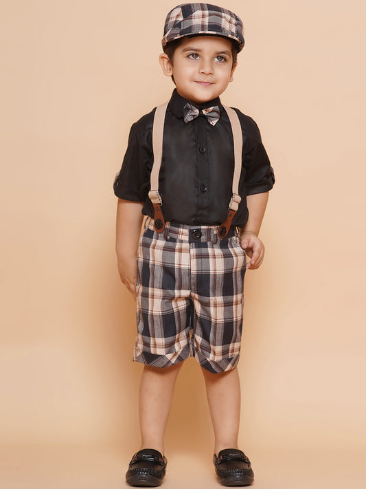 Boys Kids Beige Cotton Printed Shirt Shorts With Cap and Suspender Set