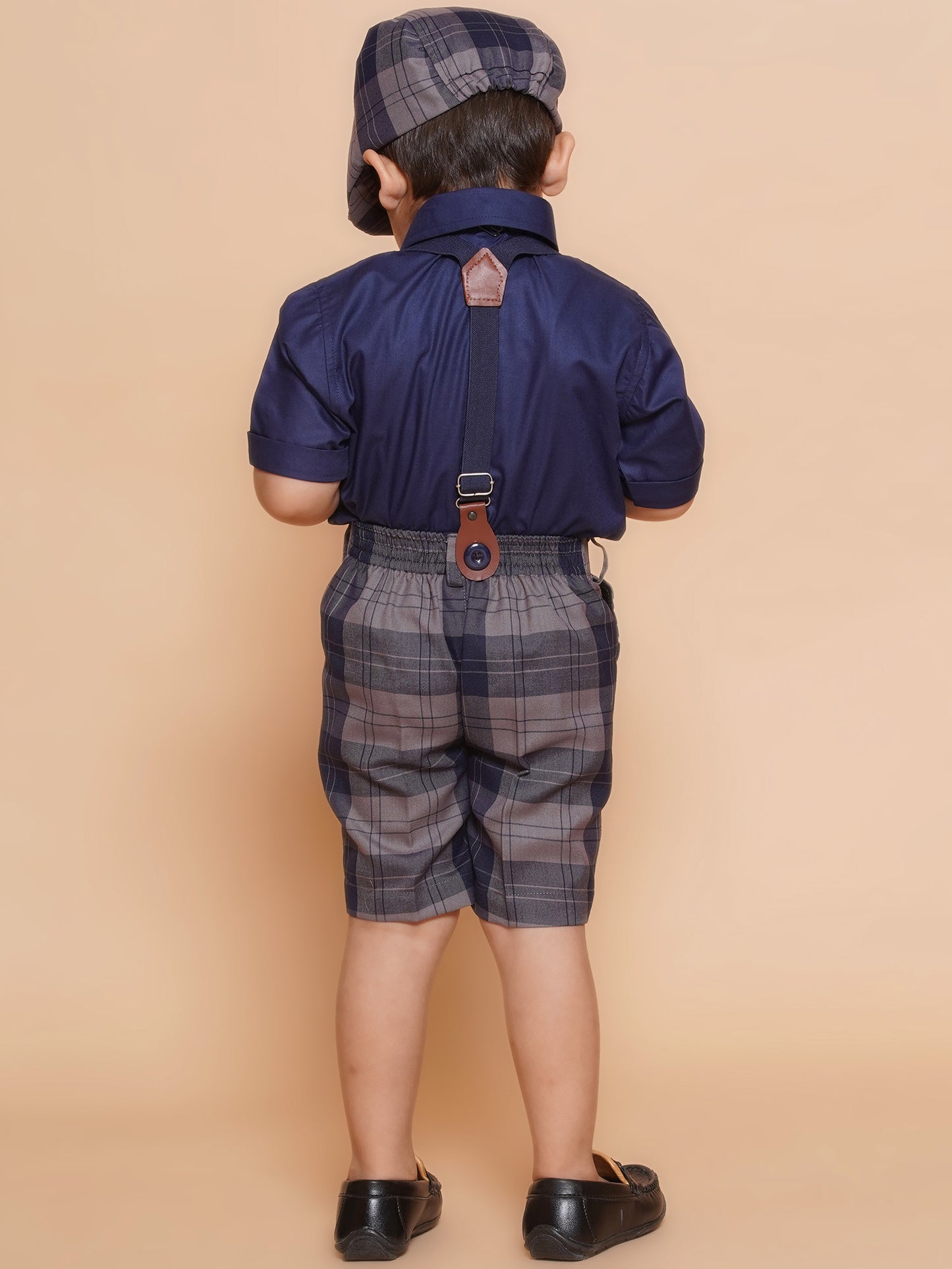 Boys Kids Navy Blue Cotton Printed Shirt Shorts With Cap and Suspender Set
