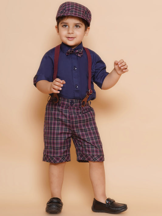 Boys Kids Purple Cotton Printed Shirt Shorts With Cap and Suspender Set