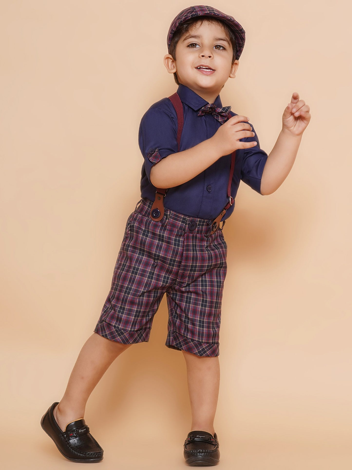 Boys Kids Purple Cotton Printed Shirt Shorts With Cap and Suspender Set