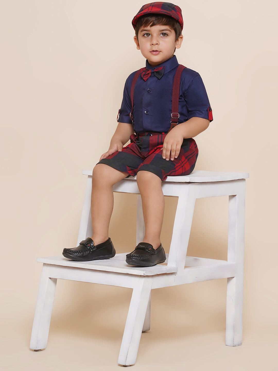 Boys Kids Red Cotton Printed Shirt Shorts With Cap and Suspender Set