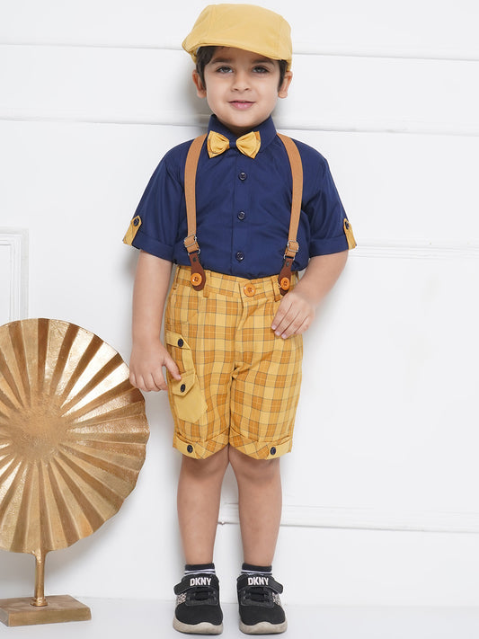 Kids Boys Mustard Printed Cotton Dungaree