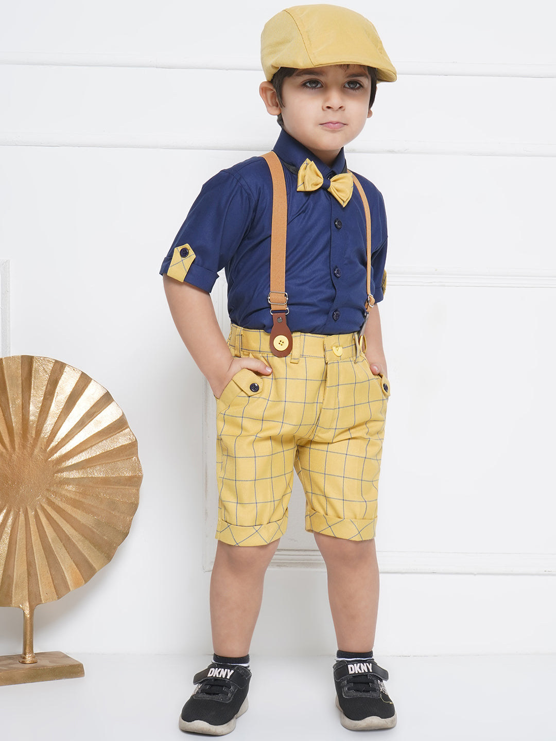 Kids Boys Mustard Printed Cotton Dungaree