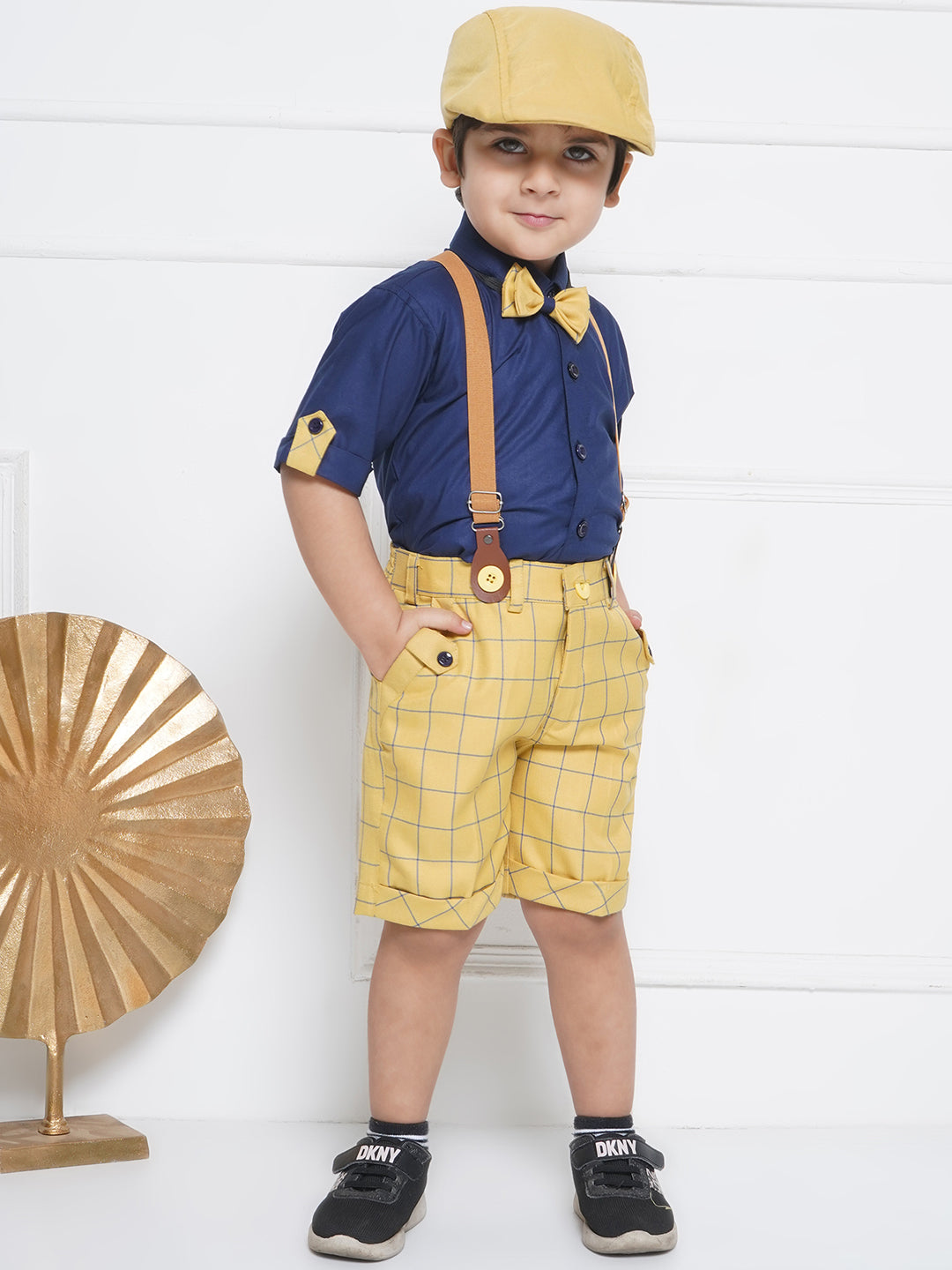 Kids Boys Mustard Printed Cotton Dungaree